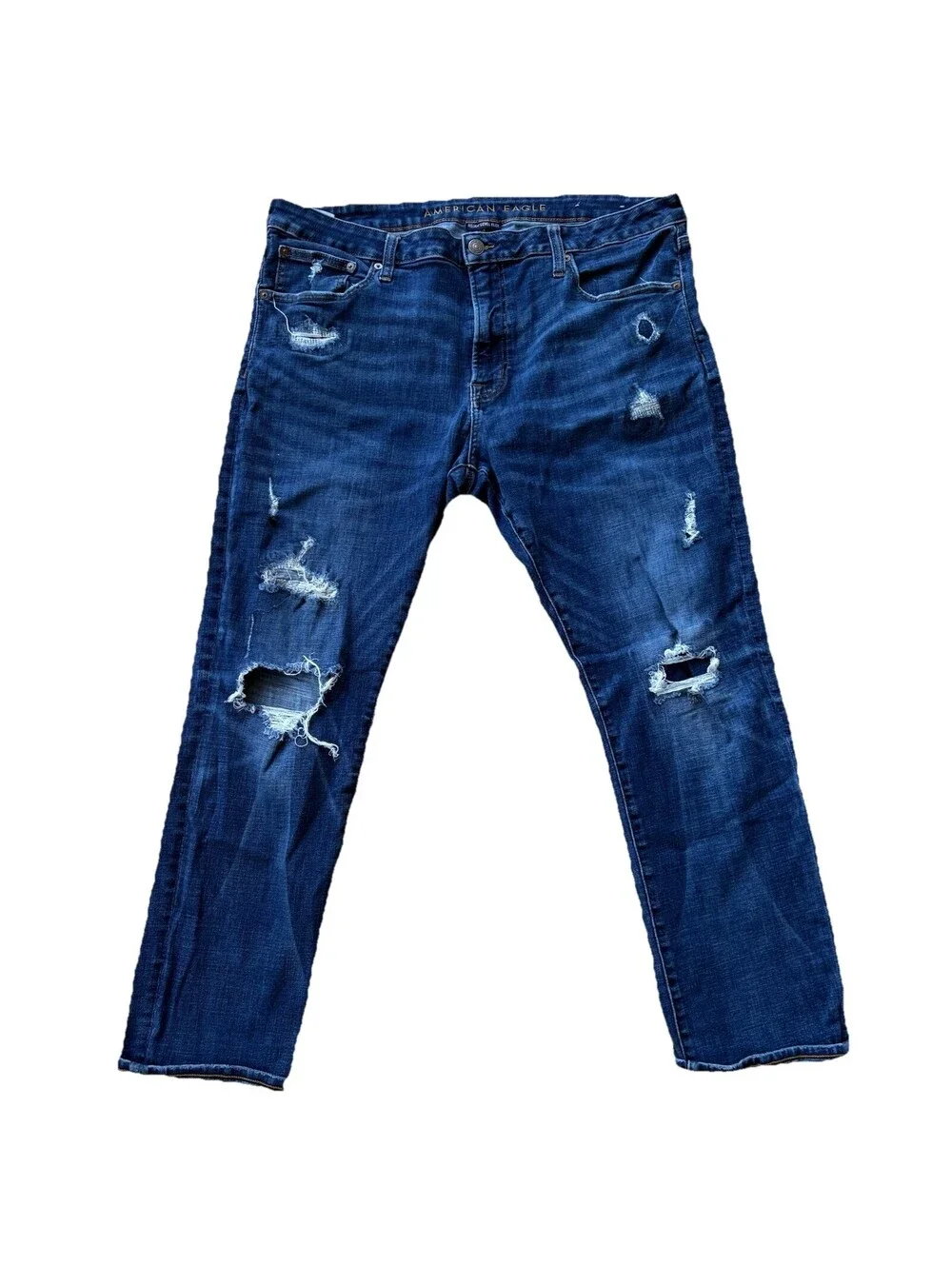 American Eagle Airflex+ Slim Jeans Mens 40x30 Dark Wash Distressed Denim
